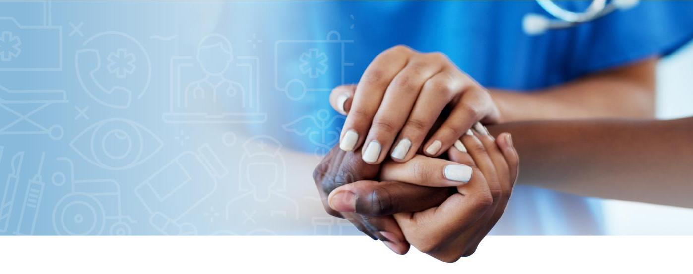 Image of Allied Health professionals clasping hands on a blue background